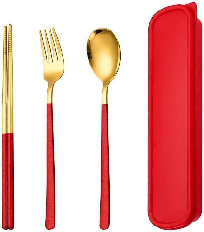 KAPO Satinless Steel Cutlery Set Including Spoon Fork Chopsticks with Storage Box for Men Women Kids Portable Tableware for Travel Home Office School (Red and Gold Colour)