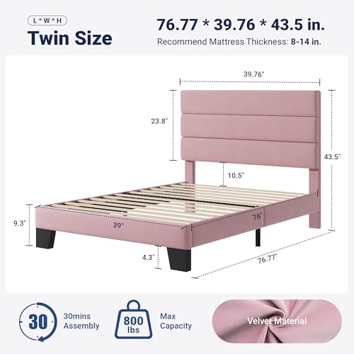 Image of Allewie Twin Size Platform Bed Frame with Velvet Upholstered Headboard and Wooden Slats Support, Fully Upholstered Mattress Foundation /No Box Spring Needed /Easy Assembly, Pink