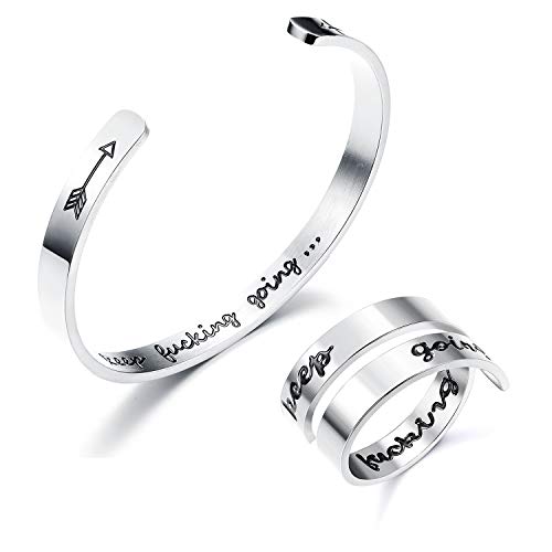 Sllaiss 2 Pcs 316L Stainless Steel Inspirational Bracelet Ring Set Cuff Bangle Bracelet for Women Men Engraved Motivational Friendship Encouragement Bracelet Graduation Gifts