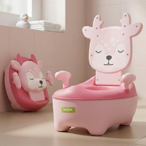 Image of Baybee Deer Baby Potty Seat for Kids 2 to 5 Years with Back Support | Foldable Toilet Seat with Removable Drawer & Cleaning Brush | Premium Potty Training seat | Kids Toilet Chair Boys Girls (Pink)