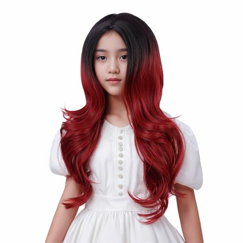 Image of Black Ombre Red Wig for Kids Long Black Mixed Wine Red Middle Part Wig for Child Long Wavy Curly Wigs for Girls Heat Resistant Synthetic Wigs with Cap