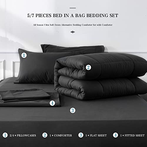 Queen Size 7 Pieces Bed In A Bag Bedding Set - Lightweight Black Comforter Set, All Season Ultra Soft Down Alternative Bedding Comforter Set With Comforter, Pillowcase, Flat Sheet, Fitted Sheet #TOP5
