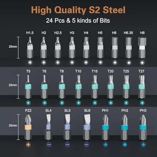 24 in 1 Magnetic Screwdriver Set, DIY Ratchet Screwdriver Set, Multi Bit Magnetic Drive Set with Detachable Ratchet Handle, Portable Precision Repair Tool Kit for Furniture Computer Bicycle