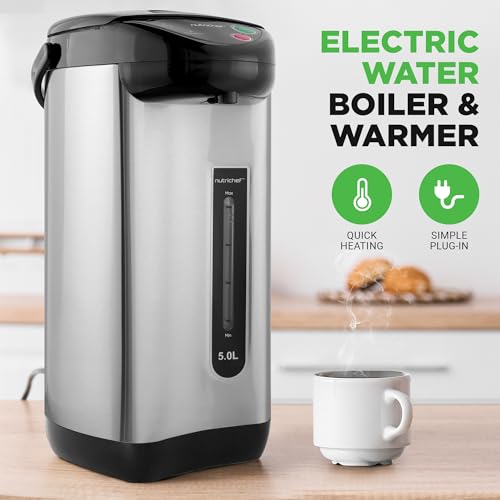Image of NutriChef 5.2 Qt Hot Water Dispenser with 5 Temperature Settings | Digital water boiler with 3 dispensing options, stainless steel interior, safety lock, and quick heating.
