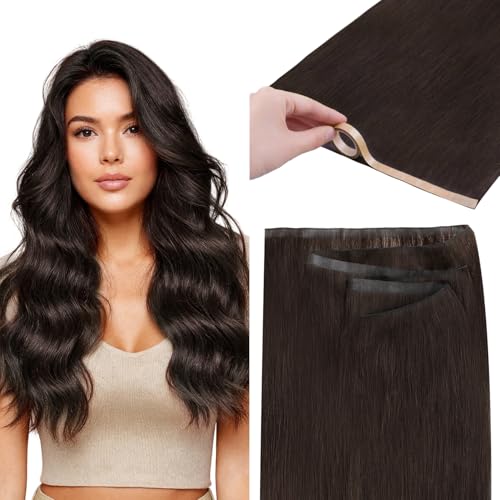 GOO GOO Tape In Weft Hair Extensions Human Hair, Genius PU Long Weft Tape In Hair Extensions Real Human Hair, Silky Easy to Use Remy Human Hair, 2 Dark Brown 18 inch 50g