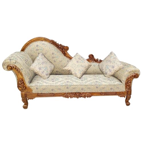 Image of Victorian Style Chaise Lounge, Tufted Cream Upholstery, Mahogany Wood Frame, Classic Living Room Furniture (diwan -1)