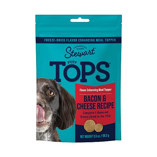 Image of Stewart Freeze Dried Dog Food Topper, PuffTops, Bacon & Cheese, 3.5 Ounce Resealable Pouch, Flavor Enhancing Meal Topper or Dog Treat, Made in USA