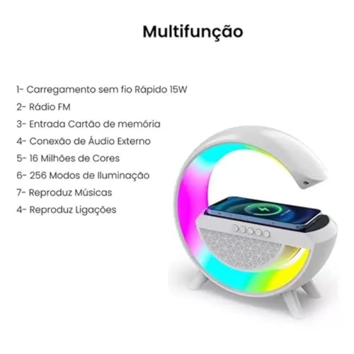 Luminária de Mesa para Quarto Caixa de Som Luz de Led RGB Carregador para Celular por Indução Blueto