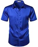 ZEROYAA Men's Hipster Shiny Silk Satin Shirt Short Sleeve Casual Button Down Dress Shirts for Summer Party ZZCL77-Royal Blue Large