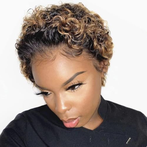 QUEEN VIRGIN REMY QVR Pixie Cut Wig 13x1 Short Curly Lace Front Human Hair HD Lace Pixie Human Hair Wigs for Black Women Glueless Wigs Ombre Honey Blonde T1B/27 Color