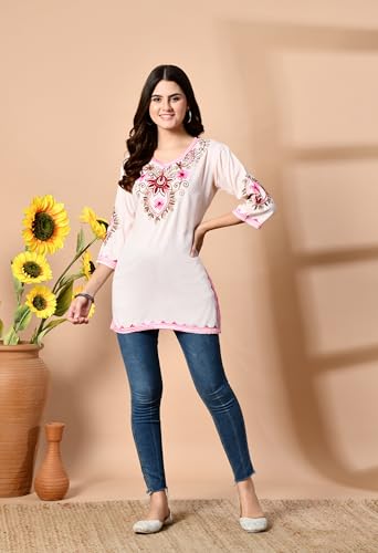 Image of LIBOZA Embroidered Kashmiri Tunic Top, Short Kurti for Women on Jeans, V-Neck, 3 /4 Sleeve, Floral Design,