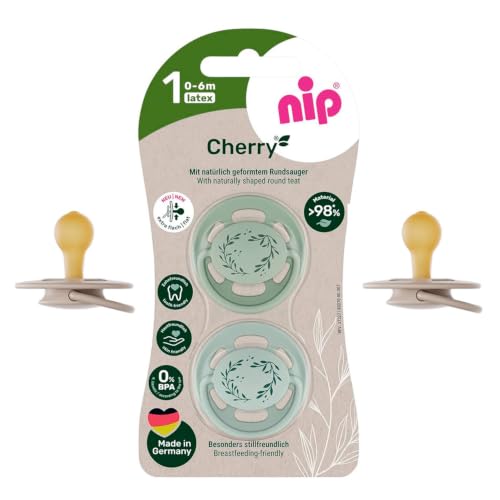 nip Cherry Schnuller 2er Pack ab Geburt 0+, flacher Sauger in Kirschform Naturkautschuk, stillfreundlich, BPA-frei, nachhaltig, 0 Monaten +, ZAHNFREUNDLICH, STILLFREUNDLICH, EXTRA LEICHT