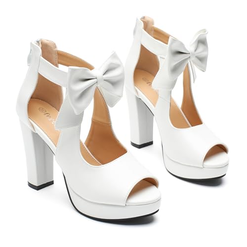 Image of fereshte Women's Bow Chunky Heel Sandals, Platform High Heel, Peep Toe, 3.94 Inch Block Heel