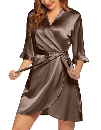 Image of Ekouaer Women's Satin Robe Valentines Lingerie for Women Kimono Bathrobe Short Ruffle Belted Robes Bridesmaids Sleepwear
