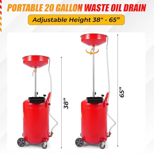 IHEX 20 Gallon Waste Oil Drain Tank, Portable Oil Lift Drain, Air Operated Portable Oil Drainer with Adjustable Funnel Height, Oil Drain Container with Wheels, Automotive - Red