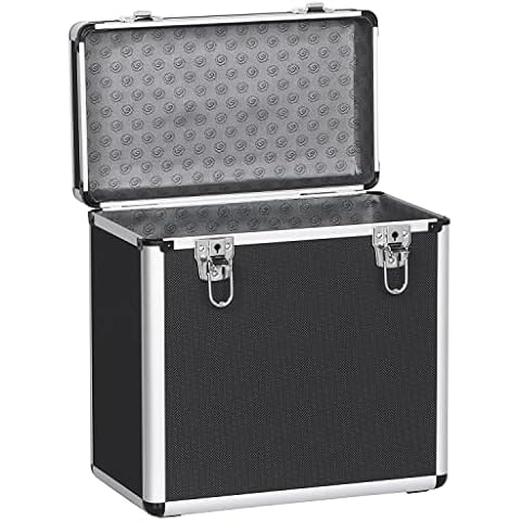 costoffs LP Storage Case 12" Vinyl Record Box Portable Aluminum DJ Box Lockable Flight Carry Case, Holds up to 50PCS, Black Cover