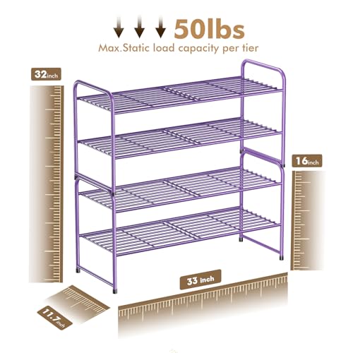 Image of 2 Pack Shoe Rack, 2-Tier Metal Stackable Shoe Shelf Storage Organizer, Heavy Duty Wire Shoe Stand for Entryway, Closet, Hallway, Holds 50 LBS, Purple