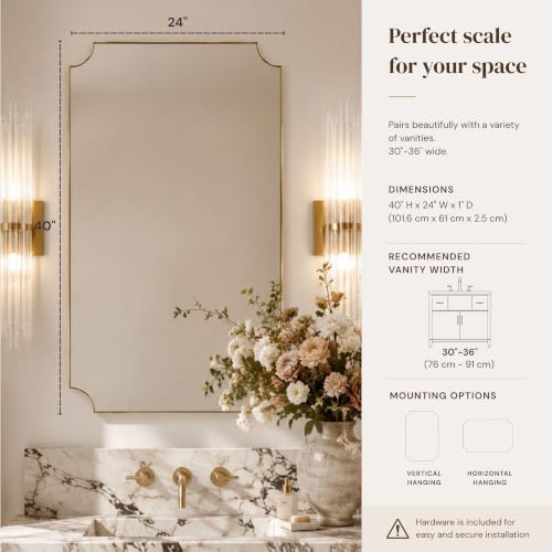 Image of TEHOME Gold Bathroom Mirrors, Brushed Brass Rectangle Scalloped Vanity Mirror for Bathroom,24x40''