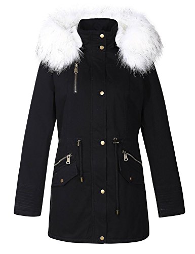Bellivera Women's Twill Parka Jacket with Faux Fur Collar,Warm Winter Coat for Women Blackwhite Medium