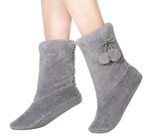 WOJWSKI Slipper Socks for Women Cozy Warm Lined Slippers with Non-Slip Indoor Slippers House Booties Fuzzy Socks (Grey 5-7.5)