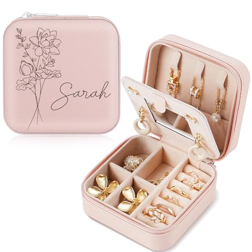Chrifansi Joyero personalizado de viaje de cuero, pequeño regalo personalizado para mujeres y niñas, nombre y mes de flores de nacimiento (con espejo)