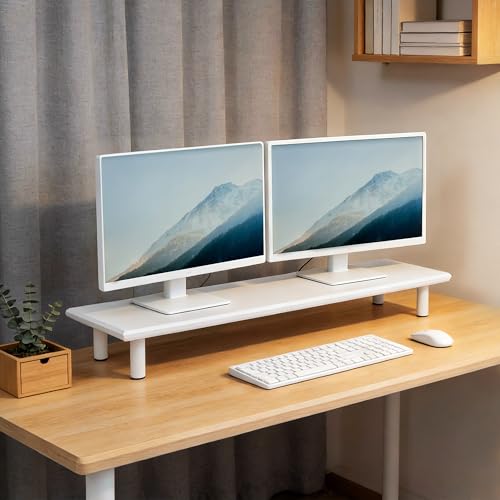 Image of Bamboo Dual Monitor Stand Riser, White Desk Shelf with Storage