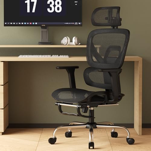 Image of Synorla Ergonomic Office Chair with Footrest, Mesh Desk Chair with 135 Recline, Adjustable Lumbar Support, 3D Armrests and Headrest, Swivel Computer Chair for Home Office
