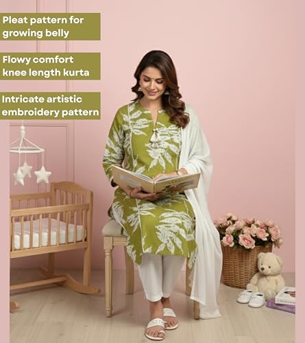 Image of DUMMY SHAPE Maternity Dresses for Women Cotton | Floral Kurta Pant Dupatta Set with Nursing Zippers, Side Pocket | Pre & Post Pregnancy | Feeding Kurti Suit | Baby Shower | Gifts for Pregnant Woman