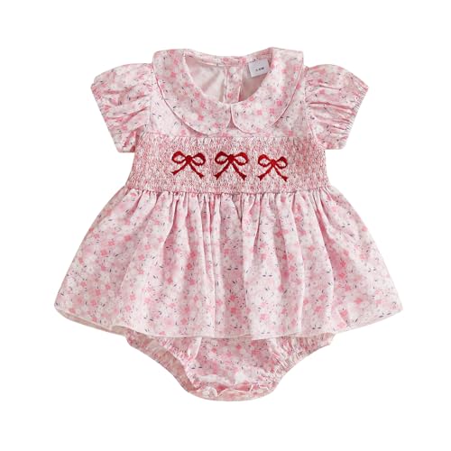 Ardougudougu Newborn Baby Girl Romper Dress Bow Cute Puff Sleeve Doll Collar Jumpsuit Infant Floral Print Summer Dresses Clothes (Pink 0-3M)