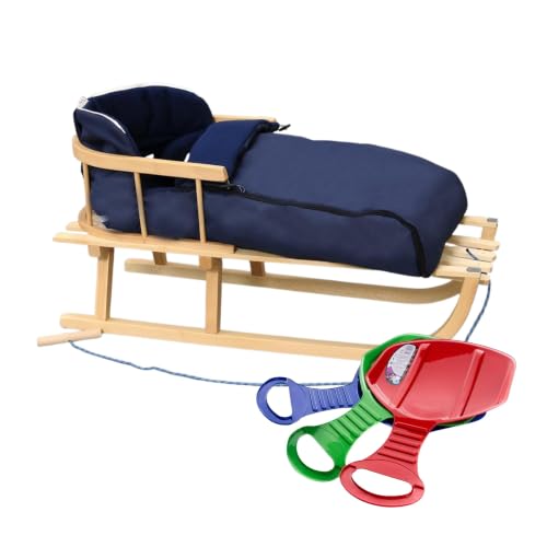 BirnePower Holzschlitten 90cm mit Rückenlehne und Winterfußsack 90cm in Dunkelblau Komplettset inkl. Zugseil & Gurt Rodelschlitten aus Buchenholz (Dunkelblau 90cm)