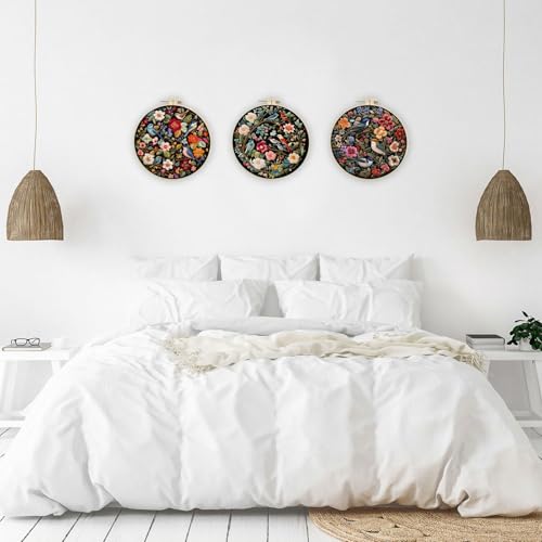 Image of LB Red Floral Embroidery Kit for Beginners Adults, 3 Sets Hand Embroidery Starter Kit with Cute Bird Pattern and Instructions Stamped Cross Stitch Kits Include Embroidery Hoop Needles Threads Scissors