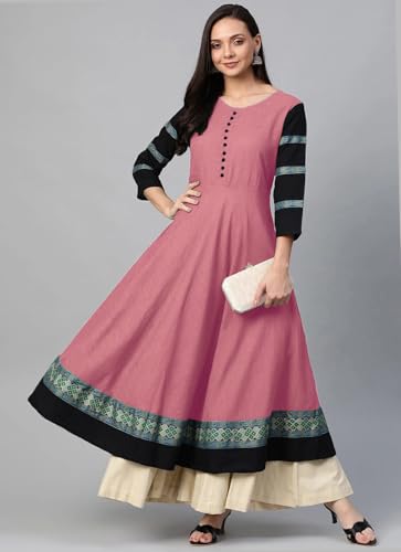 Image of HF HOLYDAY FASHION Cotton Silk Anarkali Printed Border Long Umbrella Gown Kurta for Women