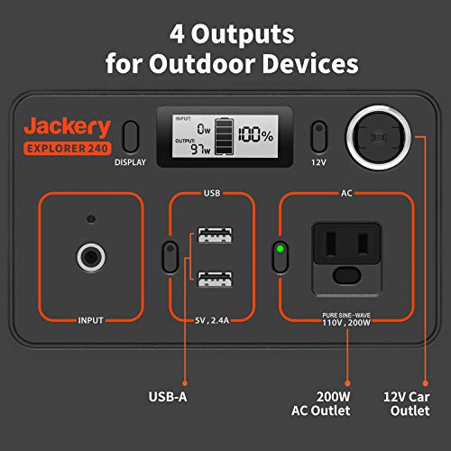Jackery Portable Power Station Explorer 240, 240Wh Backup Lithium Battery, 110V/200W Pure Sine Wave AC Outlet, Solar Generator (Solar Panel Not Included) for Outdoors Camping Travel Hunting Emergency