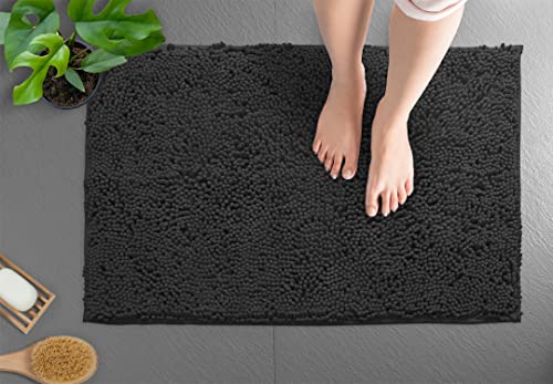 LuxUrux Bath Mat-Extra-Soft Plush Bath Shower Bathroom Rug, 1'' Chenille Microfiber Material, Super Absorbent Shaggy Bath Rug (Black, 42 x 60 cm)