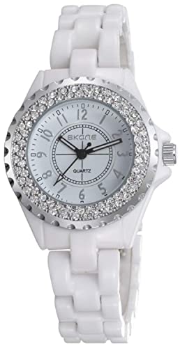 Gosasa Womens Luxury Wrist Watch Fashion Rhinestone White Ceramic Watch Casual Lady Nice Dress Watches (Silver)