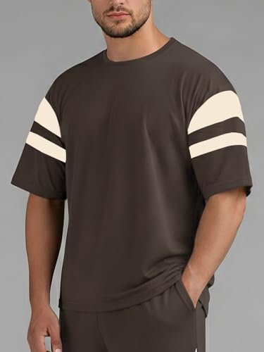 Image of CHKOKKO Men's Co-Ord Set Premium Cotton Blend Oversized T-Shirt & Shorts Cord Set with Side Pockets Round Neck Half Sleeves Solid with Contrasting Stripes Summer or Casual Wear