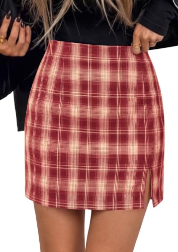 PRETTYGARDEN Women's Plaid Mini Bodycon Pencil Skirts, Burgundy,M