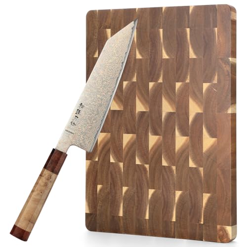 HEZHEN Cuchillo de Kiritsuke Damasco, Cuchillo de Cocina de Cobre con Tabla de Cortar de Madera de Acacia