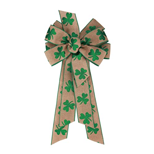 Meseey Large St. Patrick's Day Wreath Bow 24 x 10 Inch Green Clover Burlap Shamrock Bows for Door Decorations Tree Topper Irish Party (Clover)