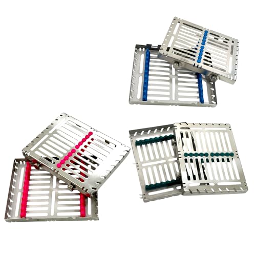 Double-Button Detachable Lid Sterilization Autoclave Cassettes, for 10 Instruments, Dental & Veterinary, Blue+Green+Pink (Pack of 3)