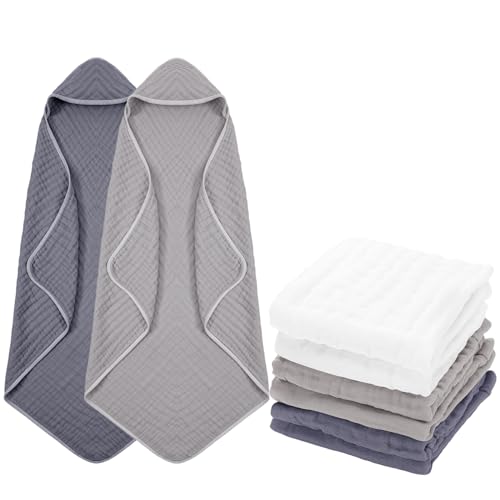 Image of 8 Pack Baby Bath Towels and Wash Cloth Set Muslin Hooded Soft 100% Cotton Baby Hooded Bath Towel Absorbent Towels Cloths for Babies, Infant, Toddler and Kids Newborn(Gray Series)