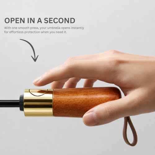 Image of STAR WORK Small Wooden Handle Compact UV Protection Umbrella, Automatic Open Hook Handle Stick Golf Umbrellas for Rain, Sun & Wind Protection.