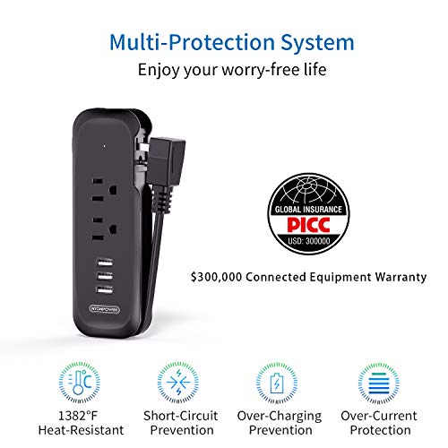 Travel Power Strip With Usb - Ntonpower 2 Outlets 3 Usb Portable Desktop Charging Station, 15 Inches Wrapped Short Extension Cord For Hotels, Cruise, Nightstand, Airports, Conference Room - Black #TOP6