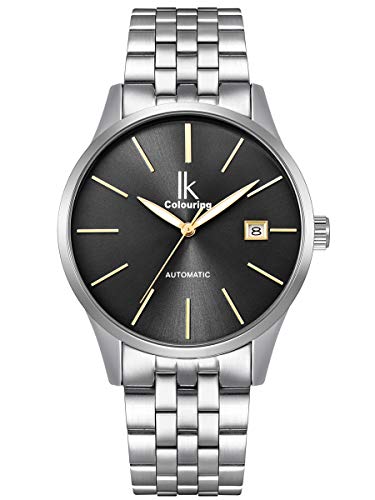 Herren Damen mechanische Automatik-Uhr Silber mit Edelstahl Metallarmband Kalender Datum schwarz