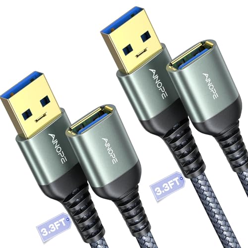 Image of AINOPE 2 Pack USB Extensions Cable High Speed USB 3.0 Extension Cord Type A Male to Female Sturdy Braided Material Fast Data Transfer Compatible with USB Keyboard,Mouse,Flash Drive,Grey,3.3FT+3.3FT