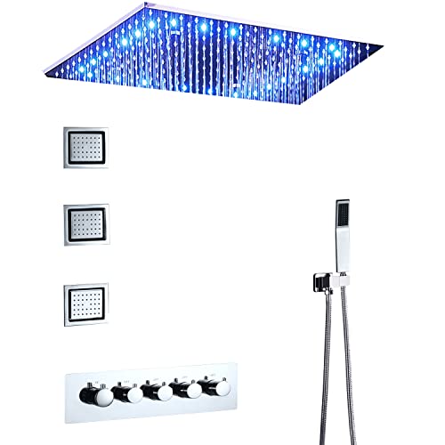 Cascada Luxury Square LED Shower System (Montaje de techo) con mezclador de 3 vías y 5 funciones (lluvia, niebla, mixta, chorros corporales y ducha de mano) (20" x 40", níquel cepillado) Cover