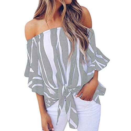 JURTEE Camisas Mujer, Sexy Hombros Descubiertos Rayas Camiseta De Ruffle Manga Corta Blusas Dobladillo Anudado Tops Elegante Fiesta Blusa