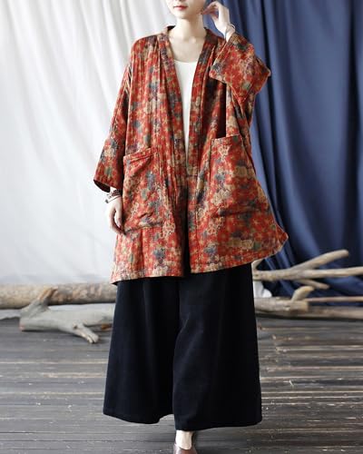 LUZU JUNU Women Floral Printed Kimono Jacket Open Front Cardigan Spring Fall Outwear Duster Coat with Pockets(US,Alpha,One Size,Regular,Regular,Pattern B)