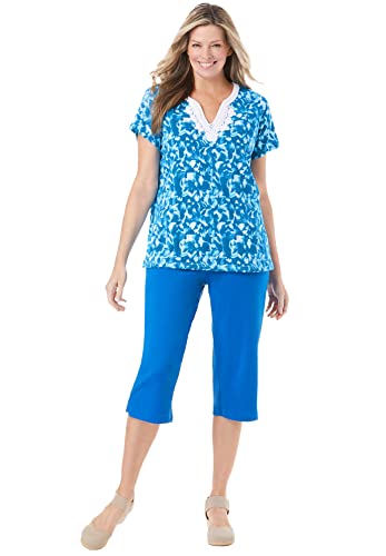 Woman Within Women's Plus Size 2-Piece Tunic And Capri Set - 2X, Vibrant Blue Flower #TOP20