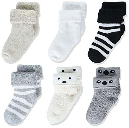 Amazon Essentials Unisex Babies' Cozy Cotton Turn Cuff Socks, 6 Pairs, Multicolor Neutral/Stripe, 12-18 Months